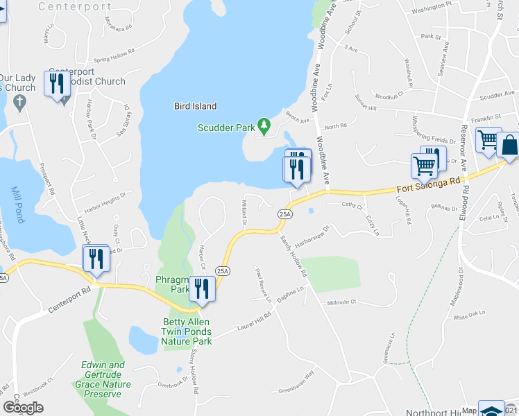 map of restaurants, bars, coffee shops, grocery stores, and more near 3 Waterview Lane in Northport
