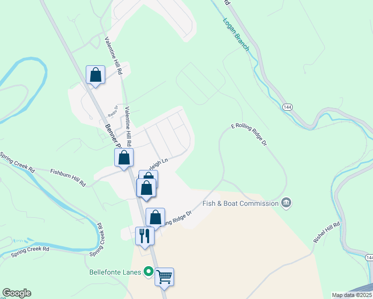 map of restaurants, bars, coffee shops, grocery stores, and more near 301 Amberleigh Lane in Bellefonte