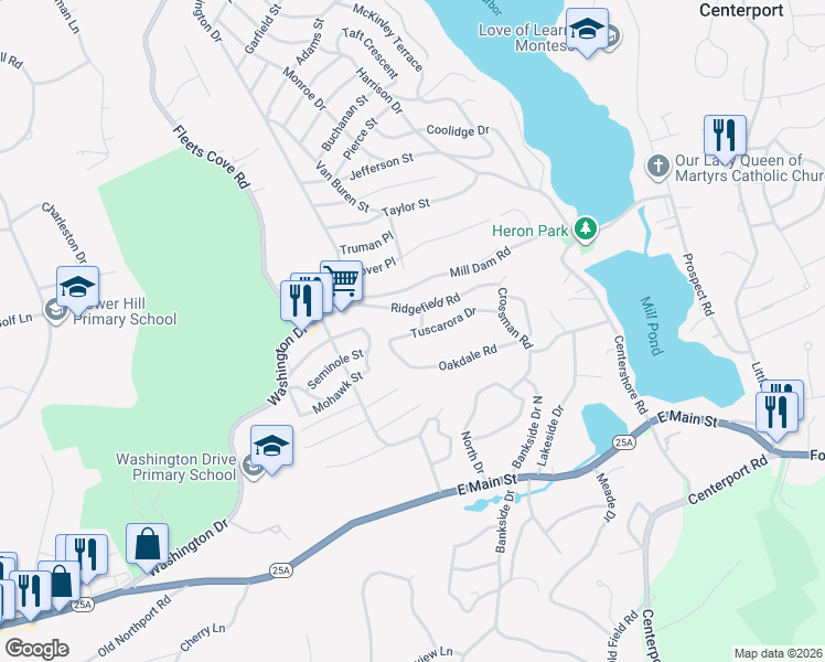 map of restaurants, bars, coffee shops, grocery stores, and more near 56 Tuscarora Drive in Centerport