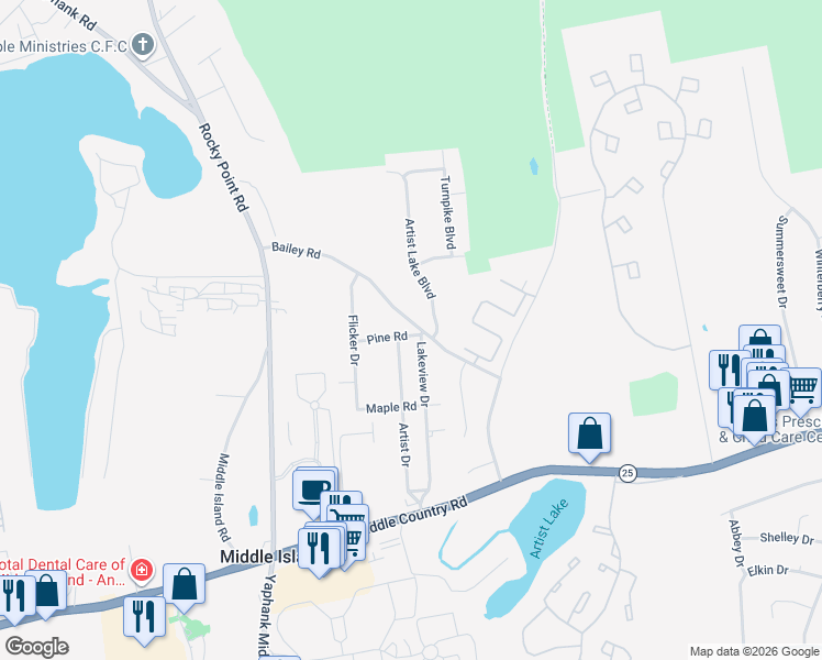 map of restaurants, bars, coffee shops, grocery stores, and more near 40 Bailey Road in Middle Island