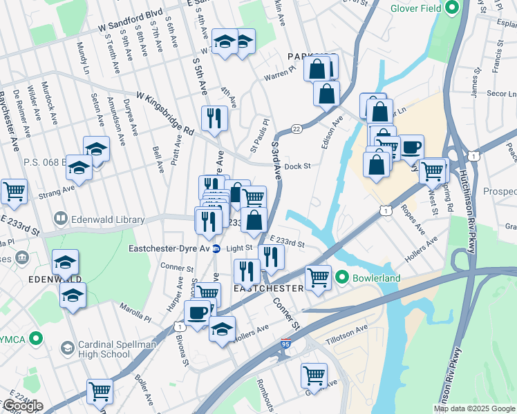 map of restaurants, bars, coffee shops, grocery stores, and more near 3931 Mulvey Avenue in The Bronx