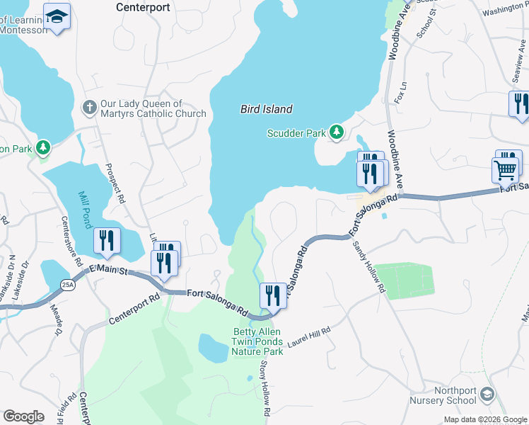 map of restaurants, bars, coffee shops, grocery stores, and more near 37 Harbor Circle in Centerport