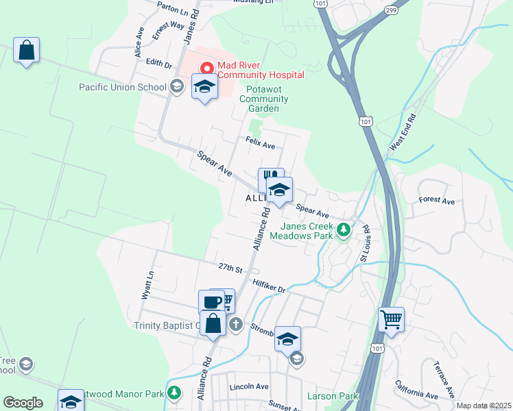 map of restaurants, bars, coffee shops, grocery stores, and more near 3302 Spear Avenue in Arcata