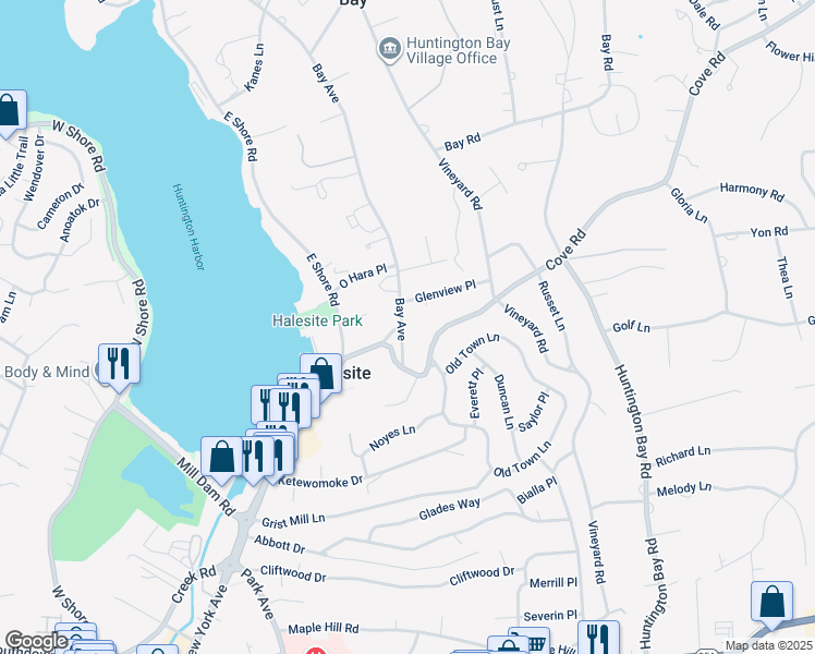 map of restaurants, bars, coffee shops, grocery stores, and more near 21A Bay Avenue in Halesite