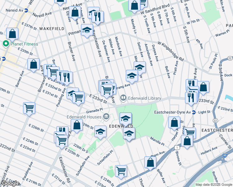 map of restaurants, bars, coffee shops, grocery stores, and more near 2012 Strang Avenue in The Bronx