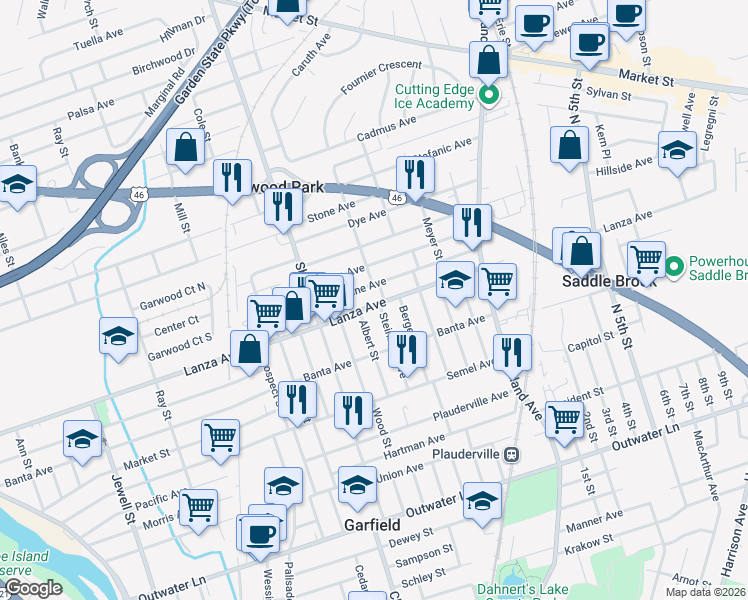 map of restaurants, bars, coffee shops, grocery stores, and more near 408 Madeline Avenue in Garfield