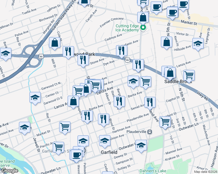 map of restaurants, bars, coffee shops, grocery stores, and more near 408 Madeline Avenue in Garfield