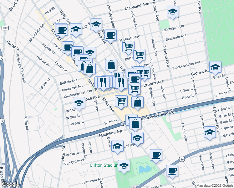 map of restaurants, bars, coffee shops, grocery stores, and more near 161 Crooks Avenue in Paterson