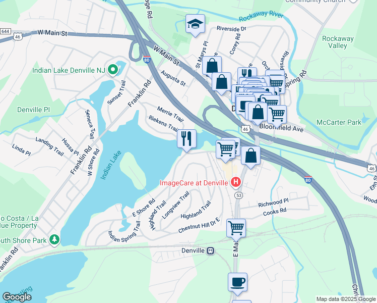 map of restaurants, bars, coffee shops, grocery stores, and more near 60-62 Indian Road in Denville