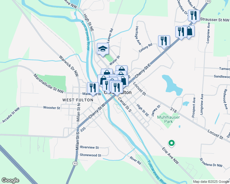 map of restaurants, bars, coffee shops, grocery stores, and more near 139 Canal Street North in Canal Fulton