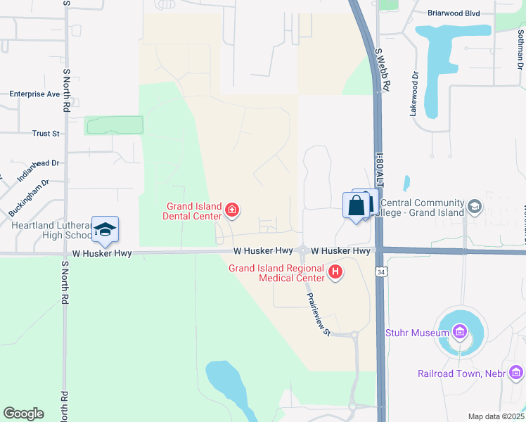 map of restaurants, bars, coffee shops, grocery stores, and more near Prairieview Street in Grand Island