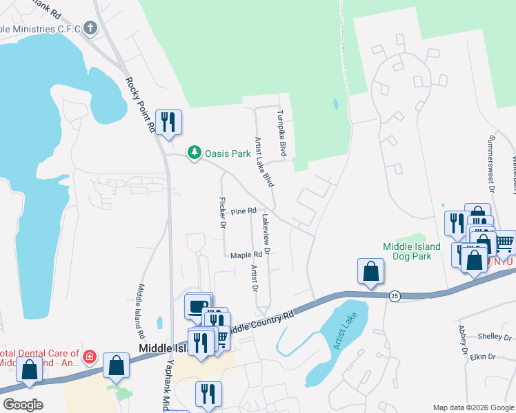 map of restaurants, bars, coffee shops, grocery stores, and more near 1 Pine Road in Middle Island