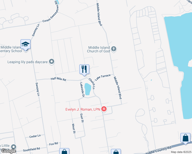map of restaurants, bars, coffee shops, grocery stores, and more near 1 Lake Terrace in Middle Island
