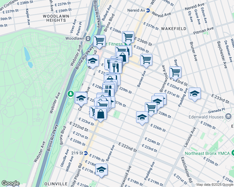 map of restaurants, bars, coffee shops, grocery stores, and more near 717 East 228th Street in The Bronx