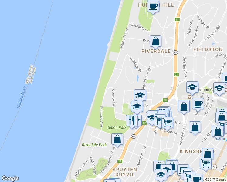 map of restaurants, bars, coffee shops, grocery stores, and more near 4483 Douglas Avenue in Bronx