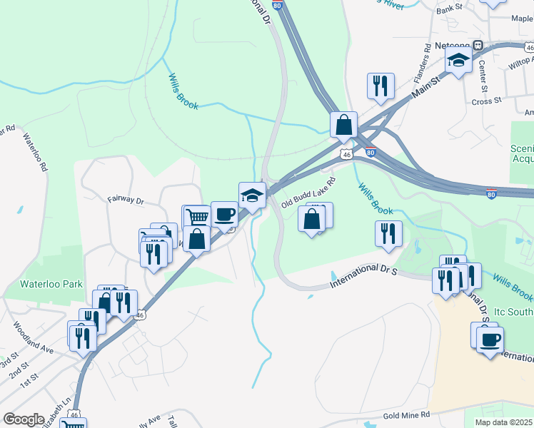 map of restaurants, bars, coffee shops, grocery stores, and more near 100 International Drive South in Mount Olive Township