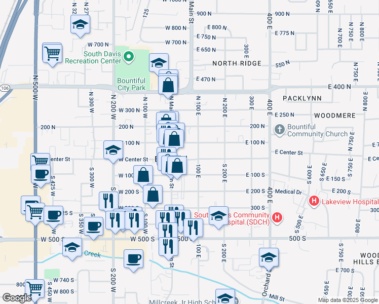 map of restaurants, bars, coffee shops, grocery stores, and more near 79 East Center Street in Bountiful