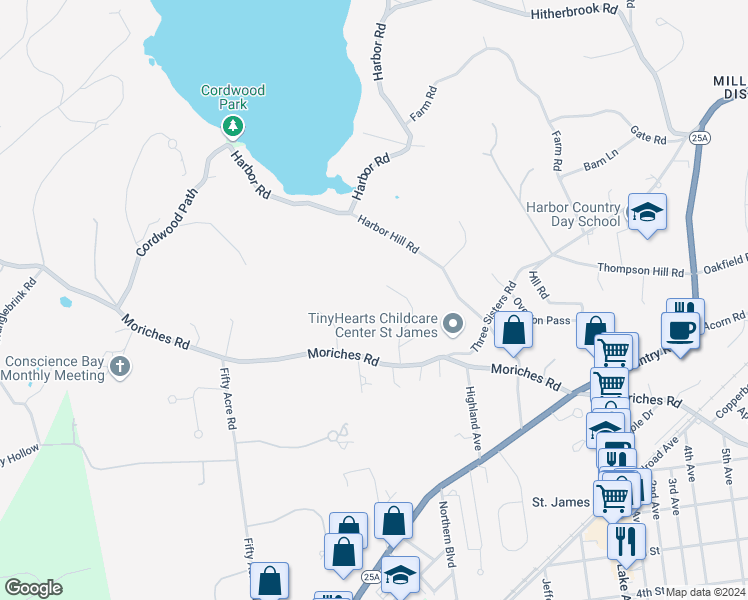 map of restaurants, bars, coffee shops, grocery stores, and more near 8 Watercrest Court in St. James