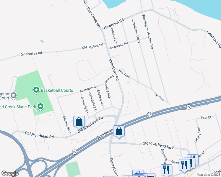 map of restaurants, bars, coffee shops, grocery stores, and more near 15 Old Squiretown Road in Hampton Bays