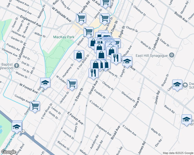 map of restaurants, bars, coffee shops, grocery stores, and more near 94 Grand Avenue in Englewood