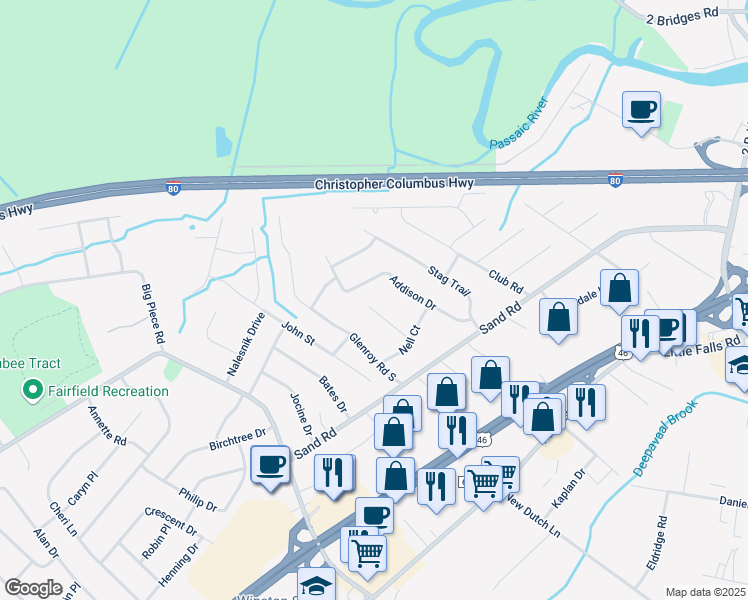 map of restaurants, bars, coffee shops, grocery stores, and more near 12 Jill Terrace in Fairfield