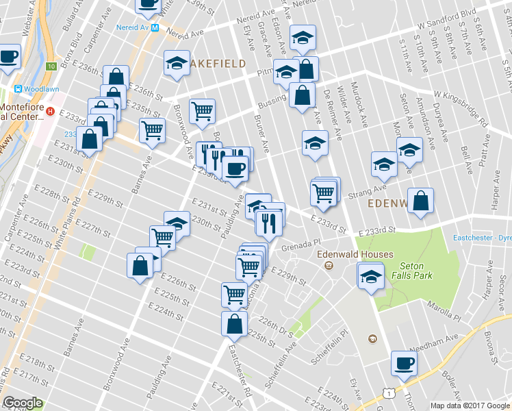 map of restaurants, bars, coffee shops, grocery stores, and more near 1027 East 232nd Street in Bronx