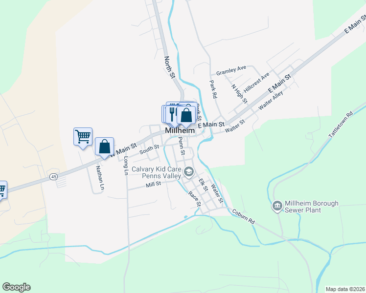 map of restaurants, bars, coffee shops, grocery stores, and more near 115 Penn Street in Millheim