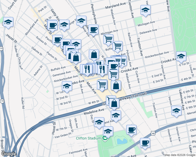 map of restaurants, bars, coffee shops, grocery stores, and more near 161 Crooks Avenue in Paterson