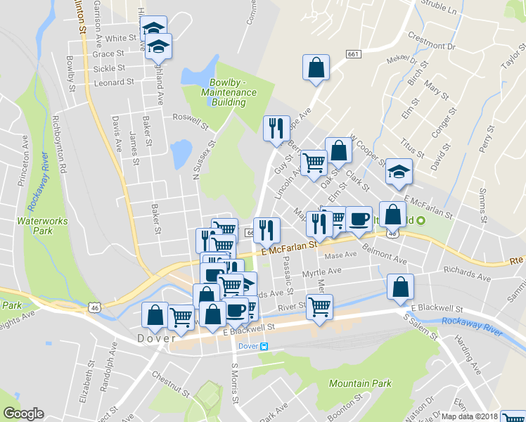 map of restaurants, bars, coffee shops, grocery stores, and more near 62 Mount Hope Avenue in Dover