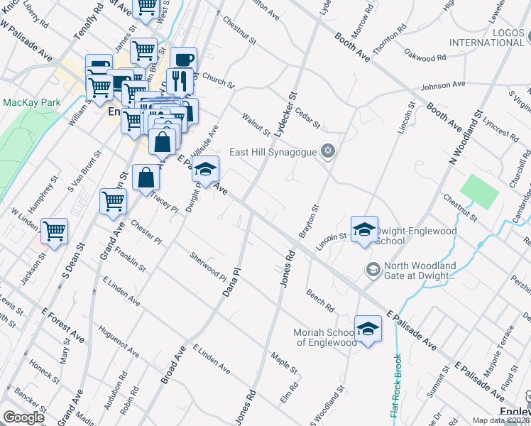 map of restaurants, bars, coffee shops, grocery stores, and more near 233 East Palisade Avenue in Englewood