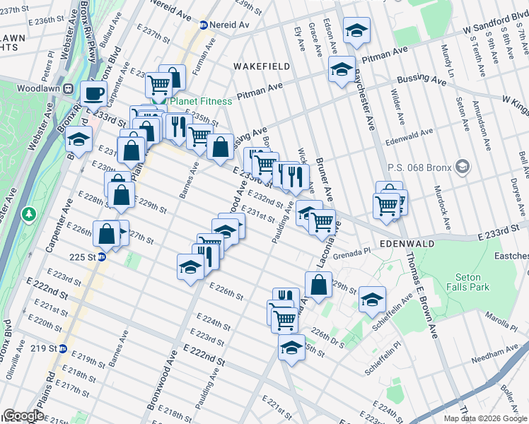 map of restaurants, bars, coffee shops, grocery stores, and more near 949 East 231st Street in The Bronx