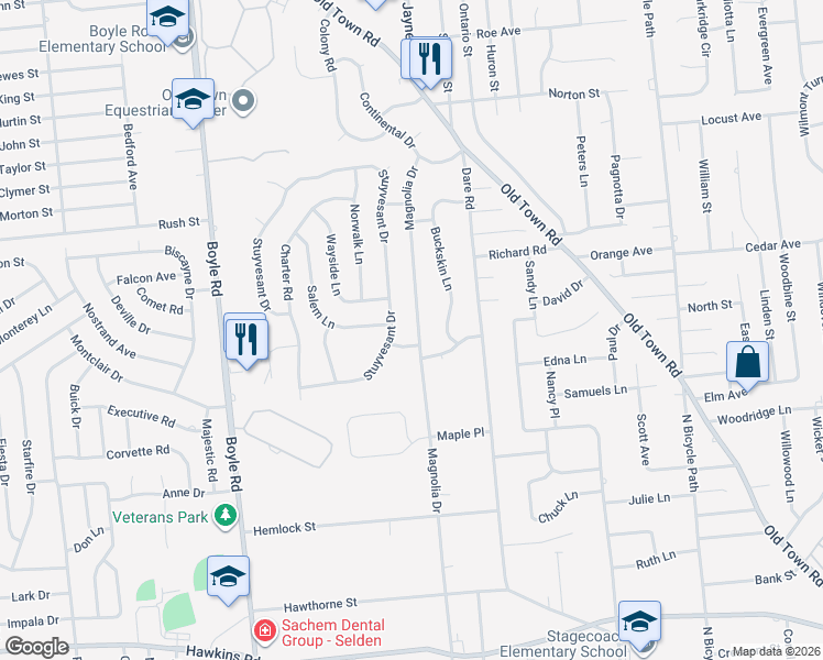 map of restaurants, bars, coffee shops, grocery stores, and more near 352 Magnolia Drive in Selden
