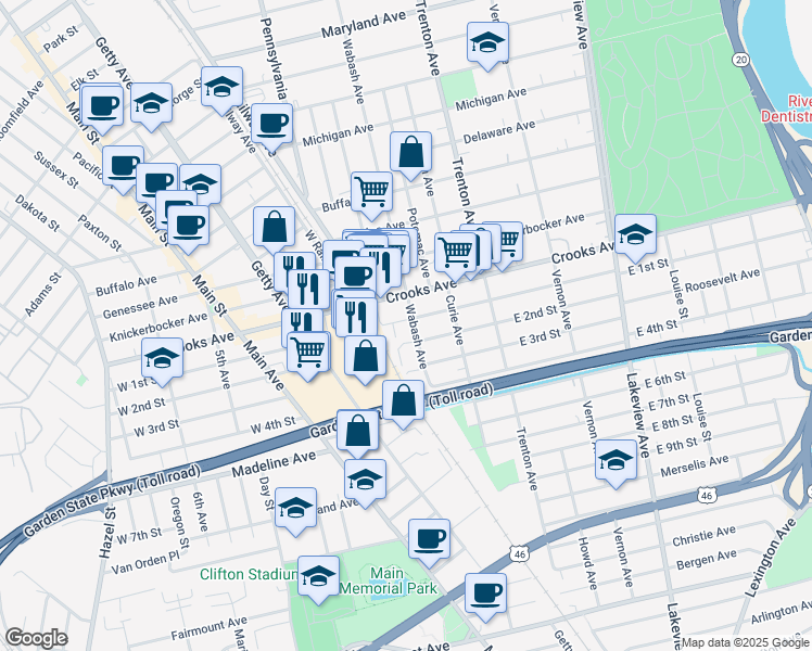 map of restaurants, bars, coffee shops, grocery stores, and more near 357 East 1st Street in Clifton