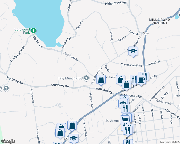 map of restaurants, bars, coffee shops, grocery stores, and more near 30 Harbor Hill Road in Saint James