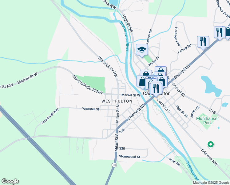 map of restaurants, bars, coffee shops, grocery stores, and more near 519 Milan Street North in Canal Fulton