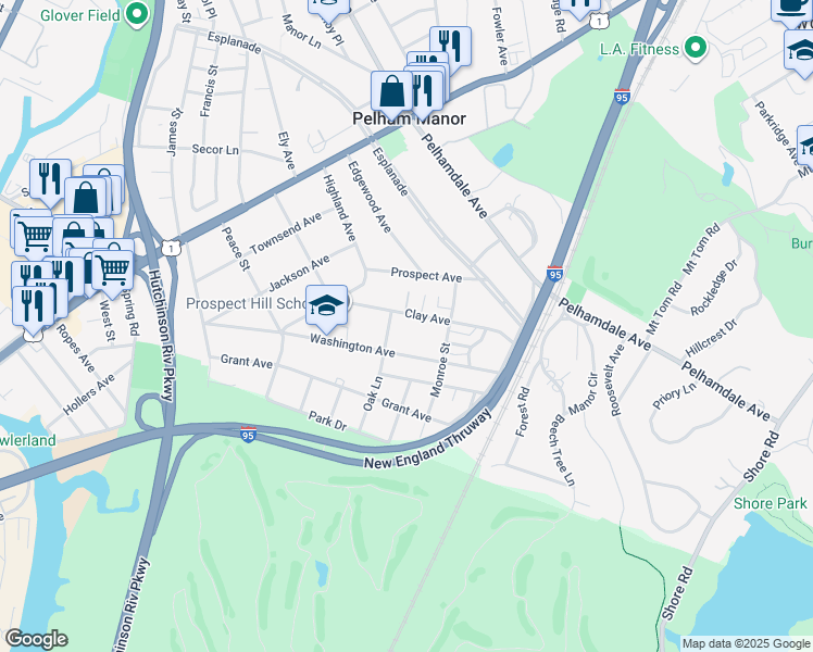 map of restaurants, bars, coffee shops, grocery stores, and more near 1061 Clay Avenue in Pelham Manor
