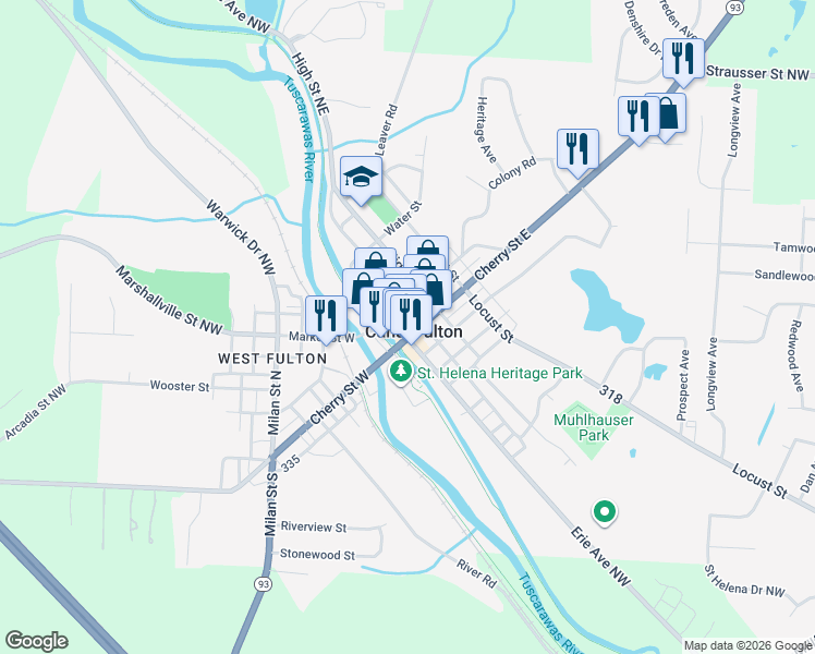 map of restaurants, bars, coffee shops, grocery stores, and more near 139 Canal Street North in Canal Fulton