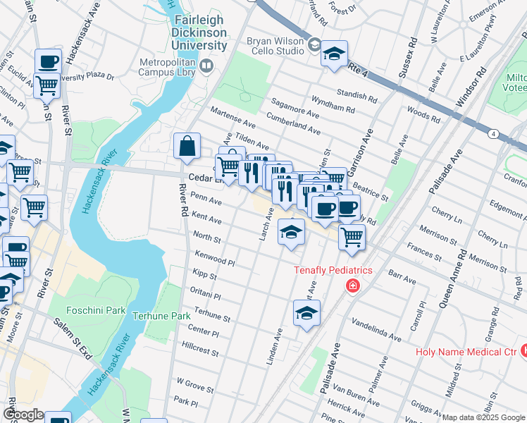 map of restaurants, bars, coffee shops, grocery stores, and more near 587 Penn Avenue in Teaneck
