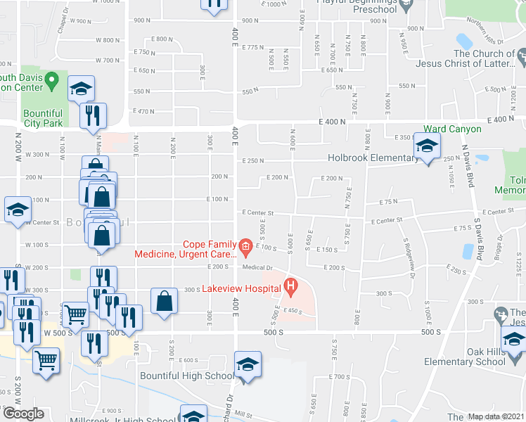 map of restaurants, bars, coffee shops, grocery stores, and more near 501 East Center Street in Bountiful