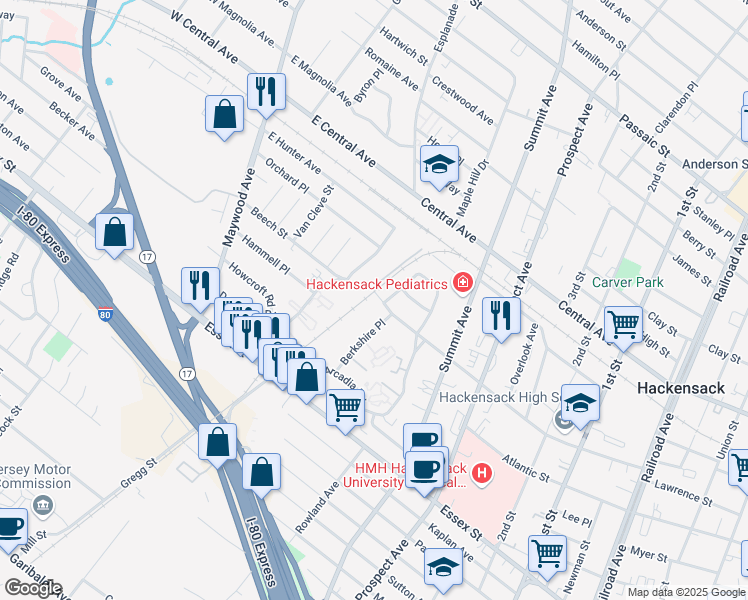 map of restaurants, bars, coffee shops, grocery stores, and more near 455 Beech Street in Hackensack