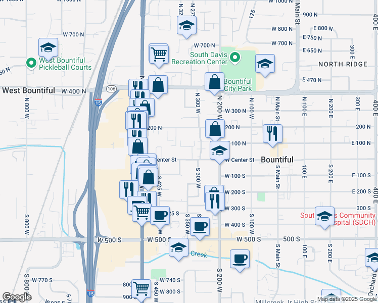 map of restaurants, bars, coffee shops, grocery stores, and more near 314 West Center Street in Bountiful