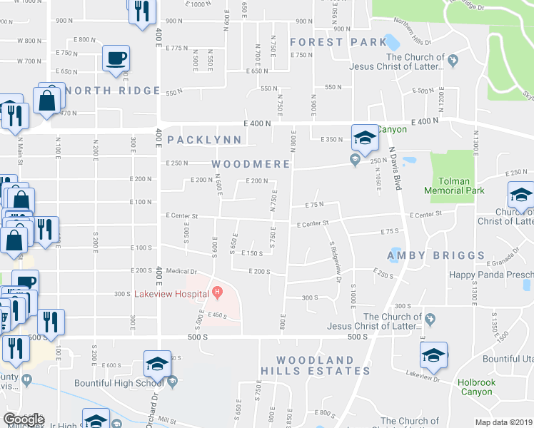 map of restaurants, bars, coffee shops, grocery stores, and more near 24 North 750 East in Bountiful