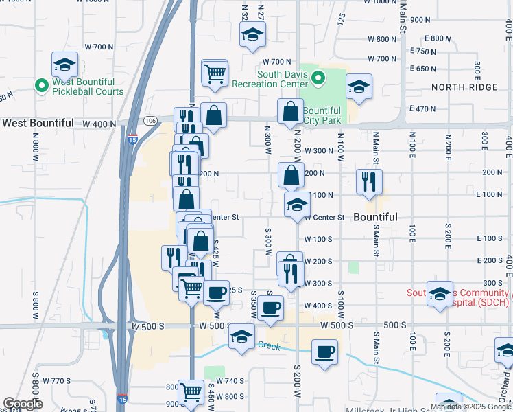 map of restaurants, bars, coffee shops, grocery stores, and more near 314 West Center Street in Bountiful