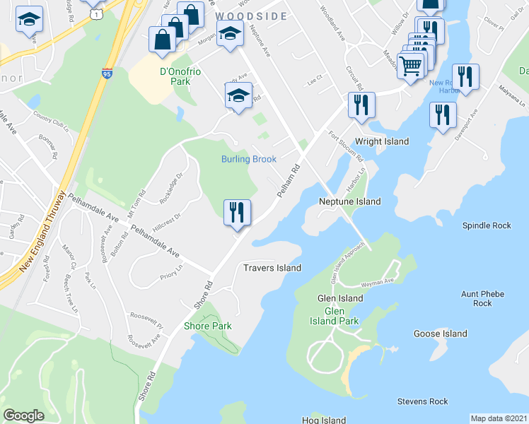 map of restaurants, bars, coffee shops, grocery stores, and more near 701 Pelham Road in New Rochelle