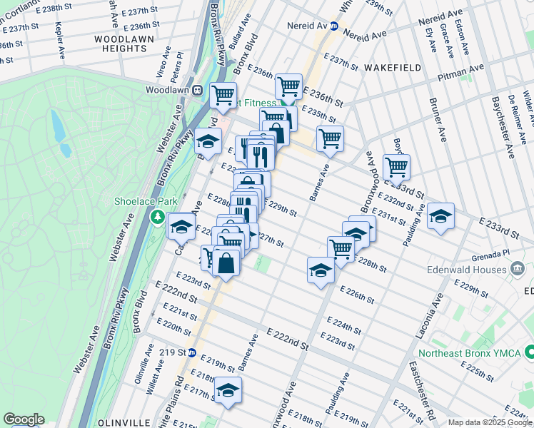 map of restaurants, bars, coffee shops, grocery stores, and more near 717 East 228th Street in The Bronx