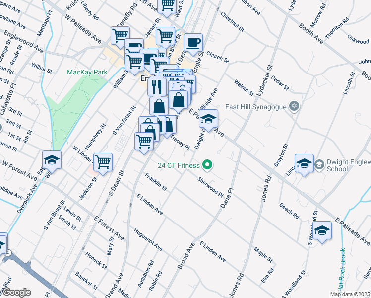 map of restaurants, bars, coffee shops, grocery stores, and more near 64 Dwight Place in Englewood