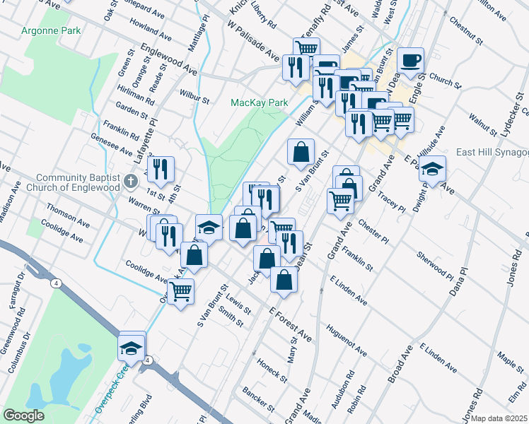 map of restaurants, bars, coffee shops, grocery stores, and more near 184 Humphrey Street in Englewood