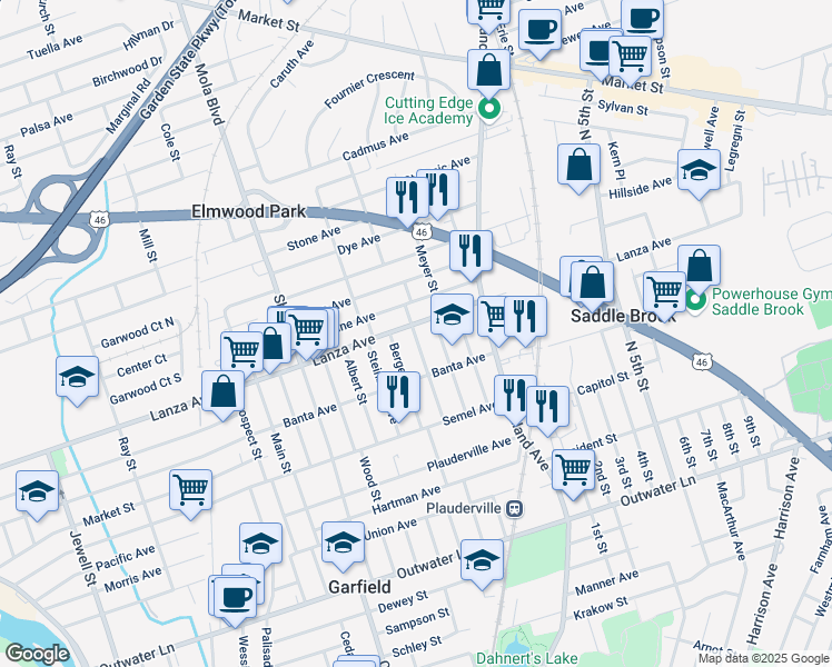 map of restaurants, bars, coffee shops, grocery stores, and more near 75 Alpine Street in Garfield
