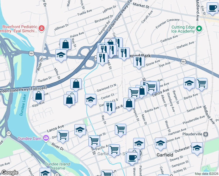 map of restaurants, bars, coffee shops, grocery stores, and more near 56 Garwood Court North in Garfield