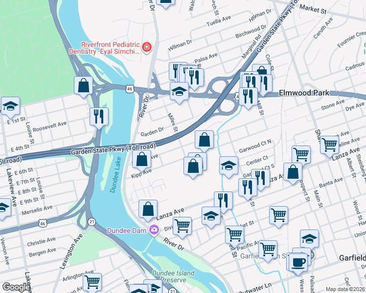 map of restaurants, bars, coffee shops, grocery stores, and more near 93 Martha Avenue in Elmwood Park
